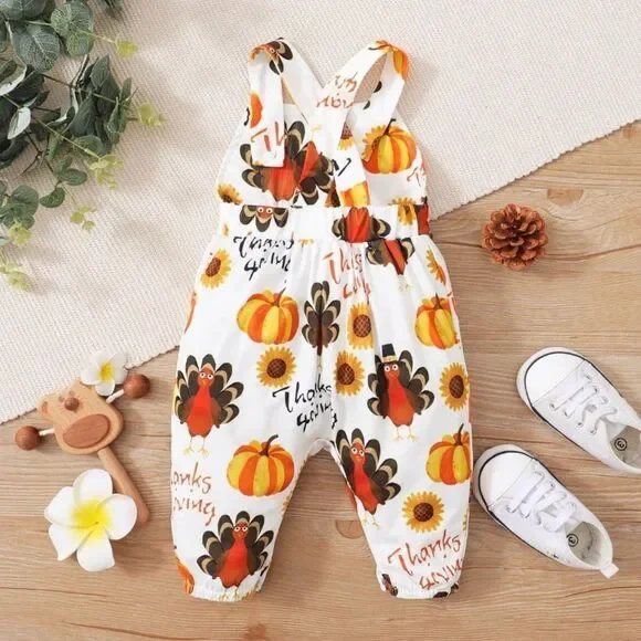 Size 3-6 months, girls Thanksgiving jumpsuit, turkey & pumpkin, baby Fall outfit - Picture 4 of 6